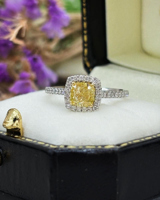 Platinum Yellow Diamond Halo Cluster Ring - Natural