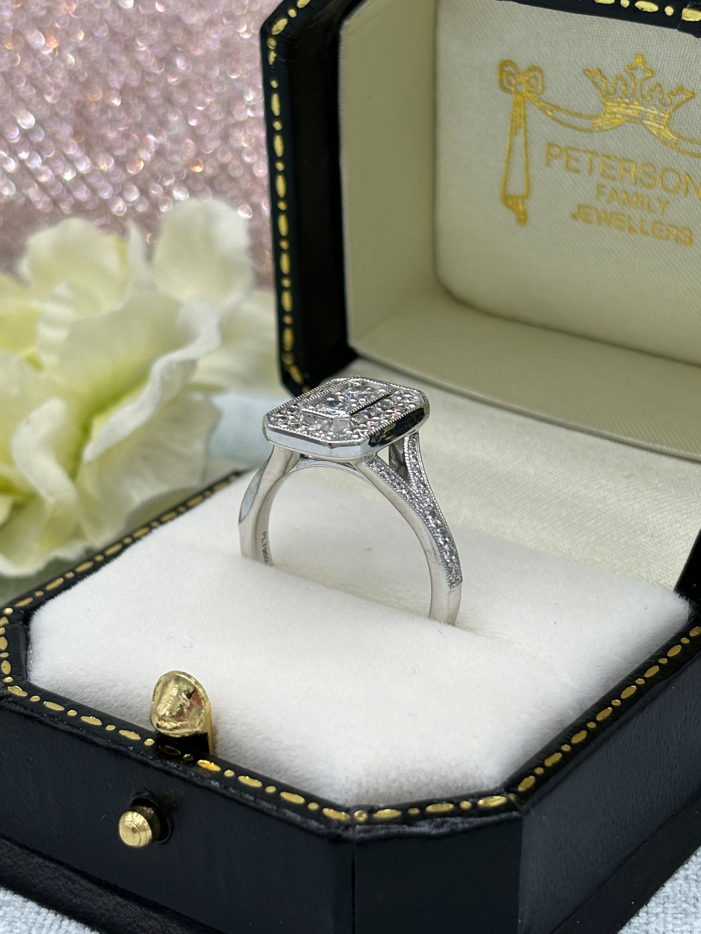 Platinum Art Deco Style Cluster Engagement Ring.