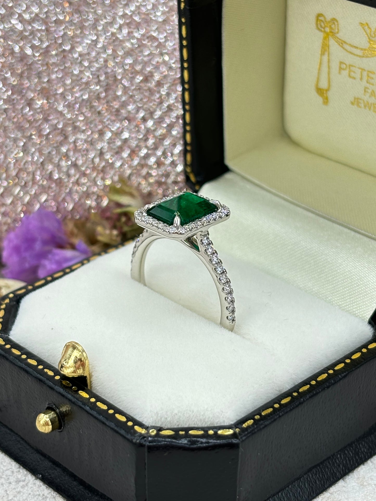 Platinum Emerald and Diamond Vintage Style Cluster Ring