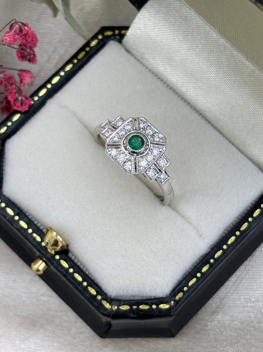 Vintage Style Platinum Emerald and Diamond Ring