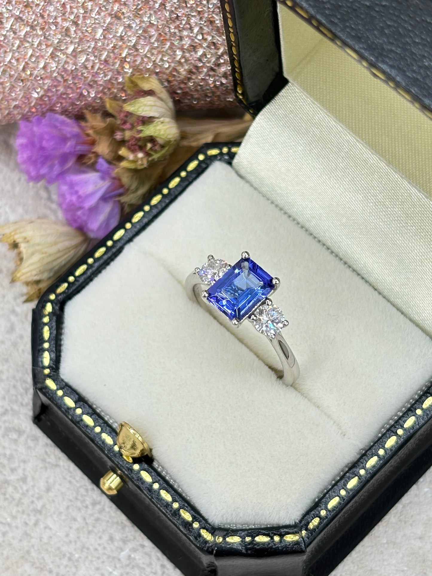 Platinum Tanzanite and Diamond Three Stone Ring.