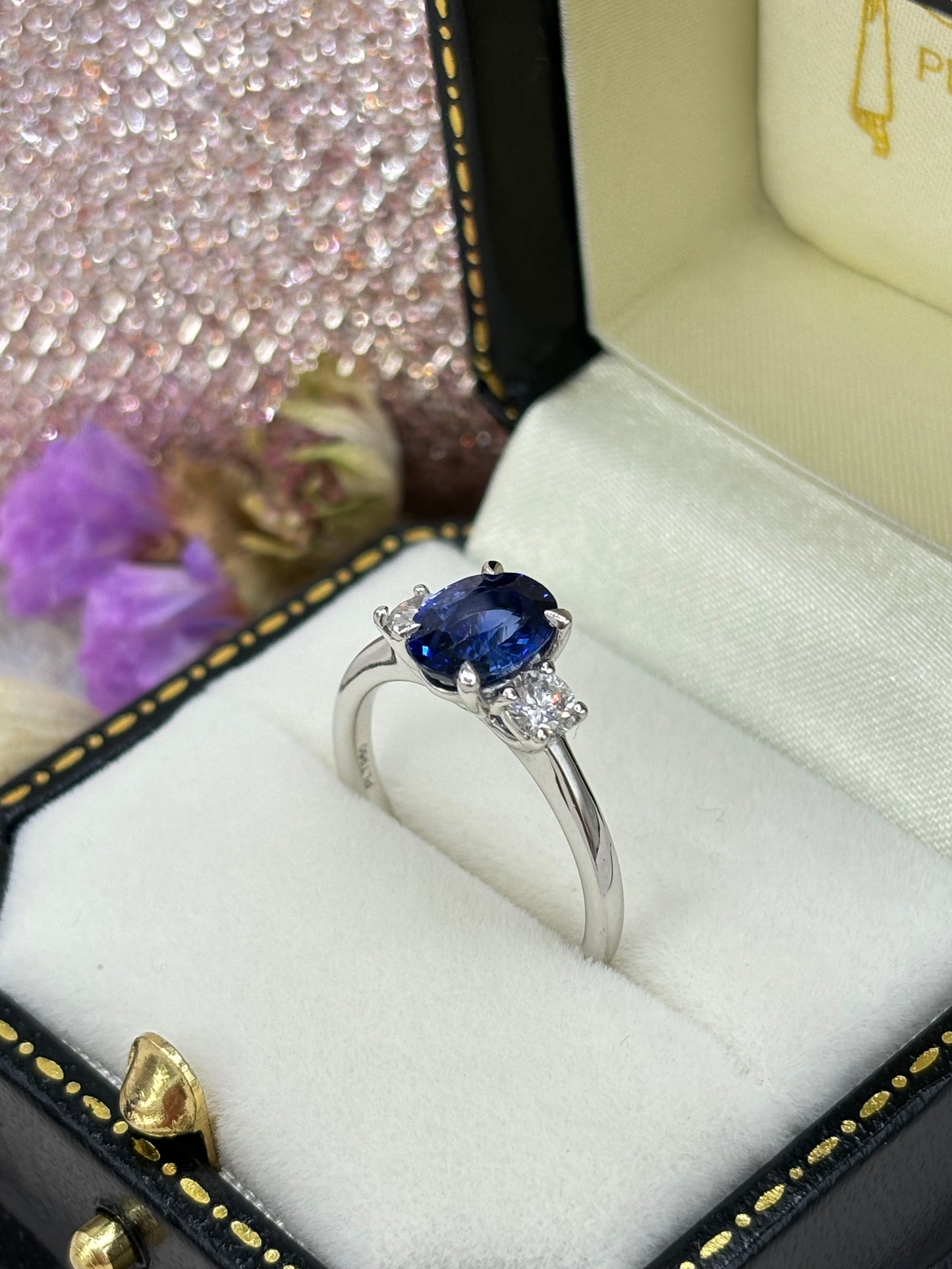 Platinum Sapphire and Diamond Three Stone Ring.