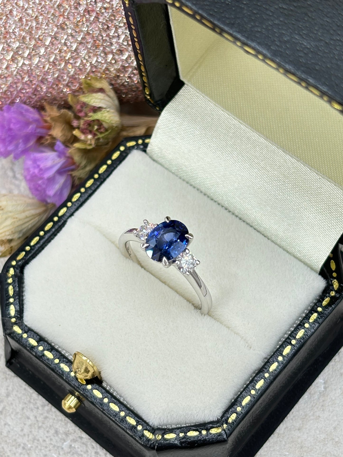 Platinum Sapphire and Diamond Three Stone Ring.