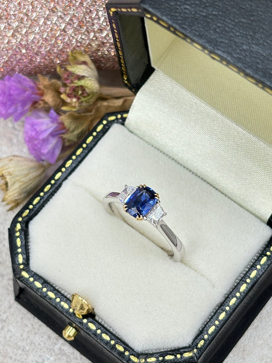 Platinum Sapphire and Diamond Three Stone Ring.