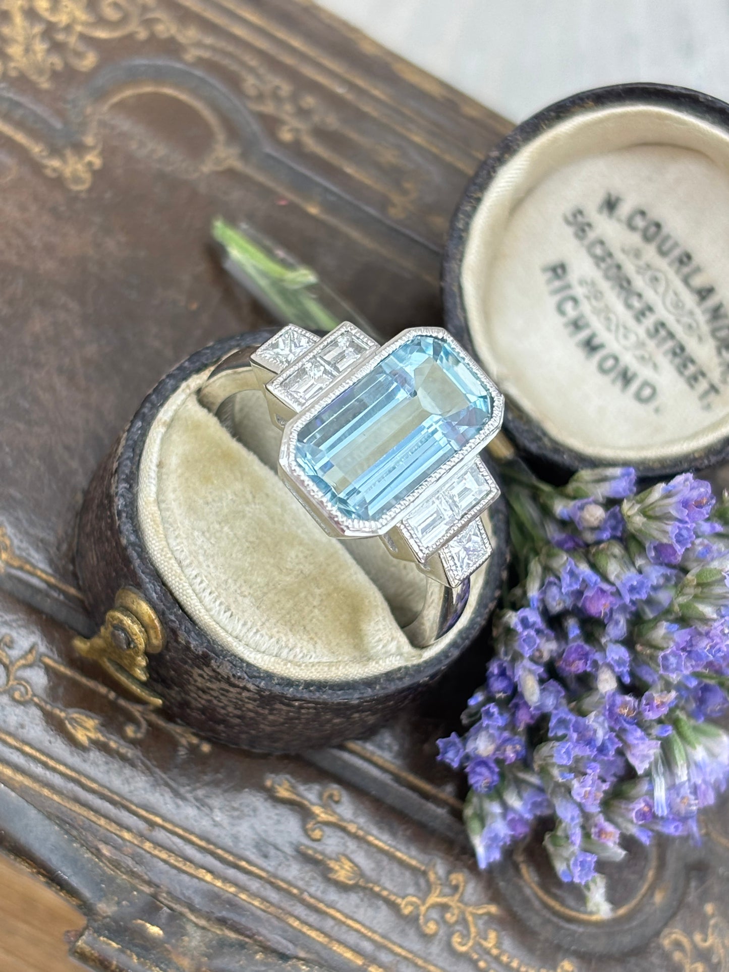 Art Deco Diamond and Aquamarine Platinum Ring.