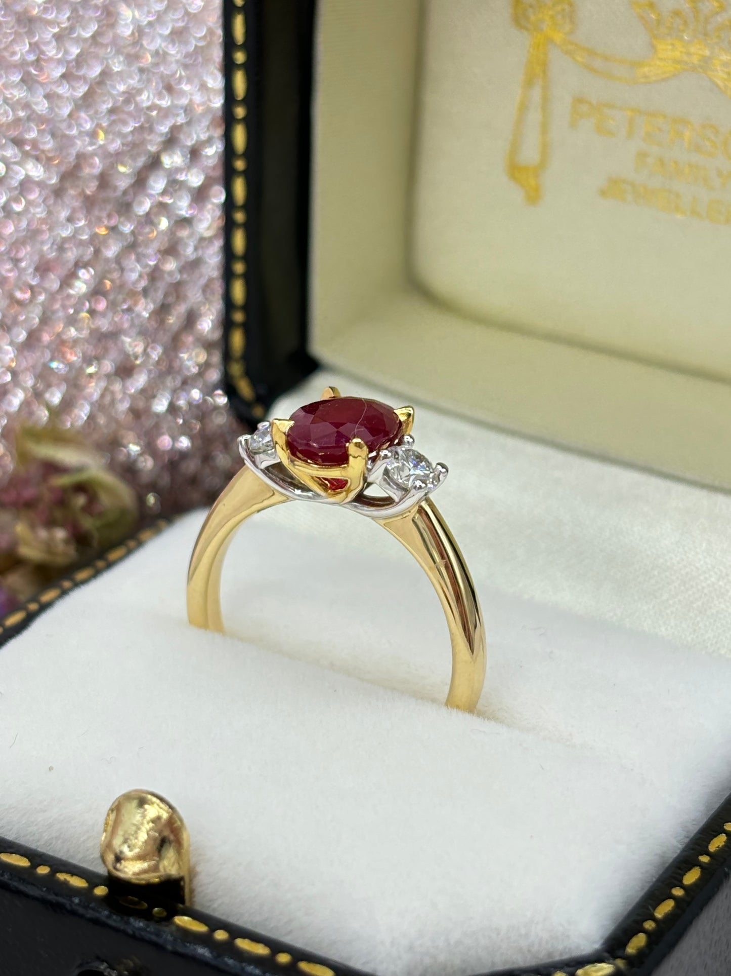 18ct Yellow Gold Ruby and Diamond Three Stone Ring