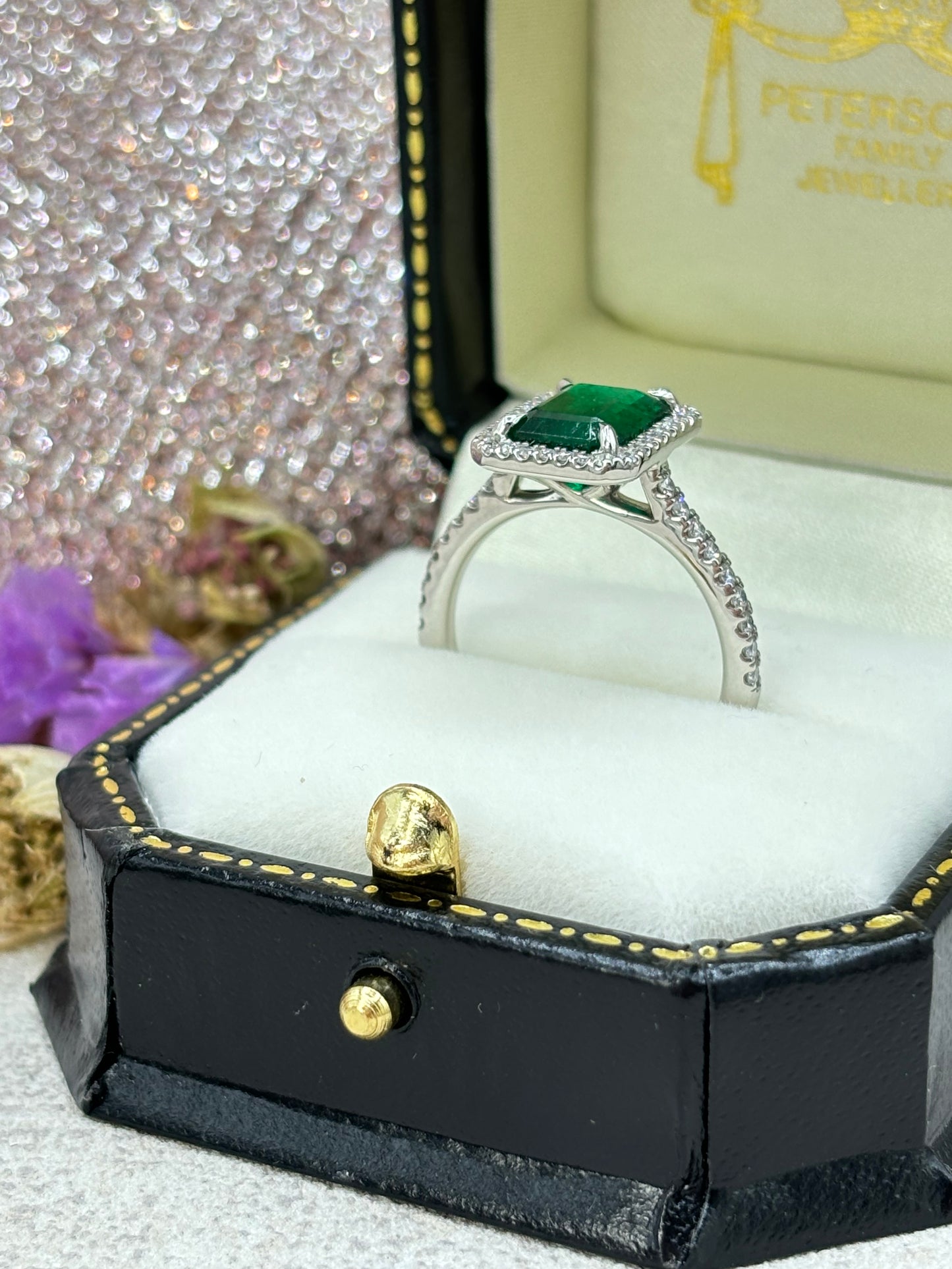 Platinum Emerald and Diamond Vintage Style Cluster Ring