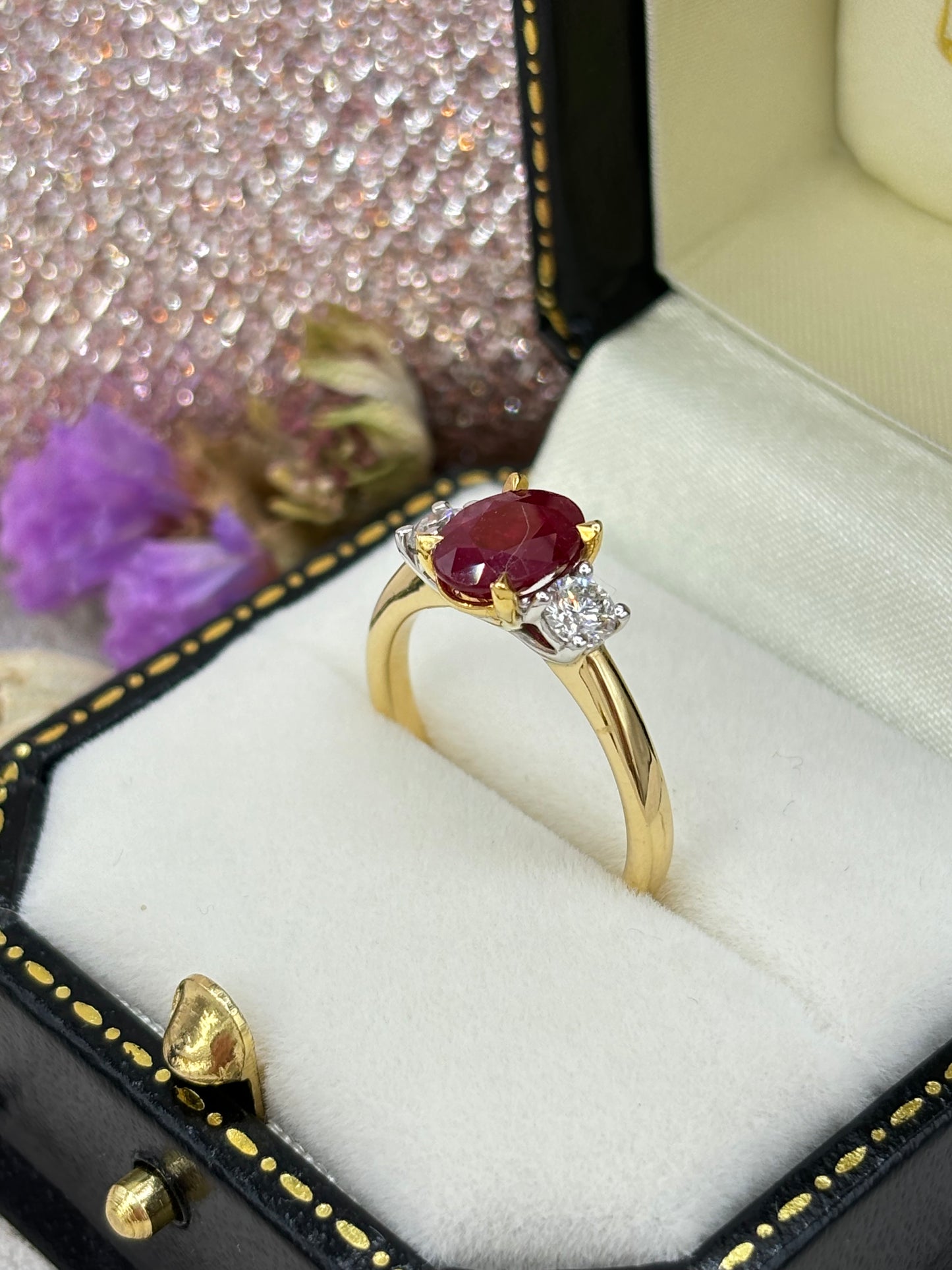 18ct Yellow Gold Ruby and Diamond Three Stone Ring