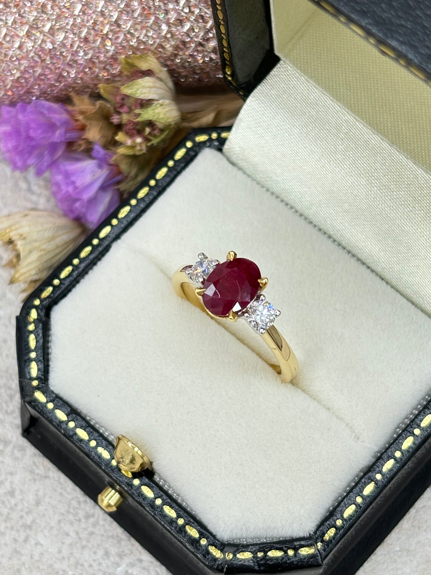 18ct Yellow Gold Ruby and Diamond Three Stone Ring