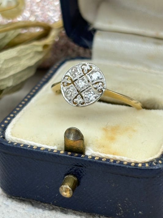 Antique 18ct Gold and Platinum Diamond Cluster Ring - c.1925