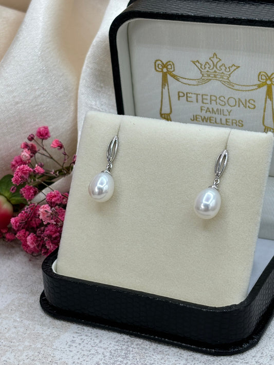 9ct White Gold Pearl and Diamond Drop Earrings