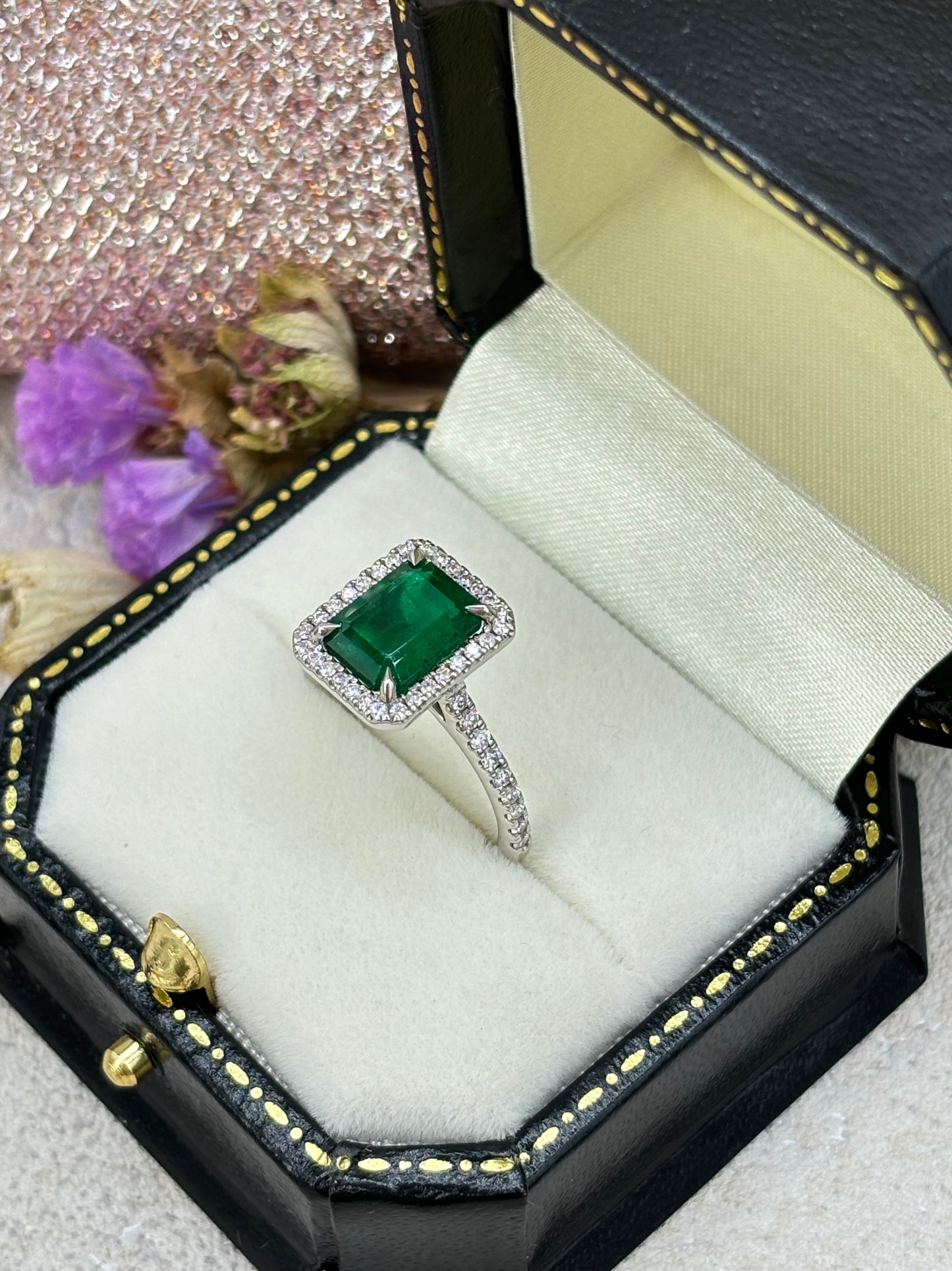 Platinum Emerald and Diamond Vintage Style Cluster Ring