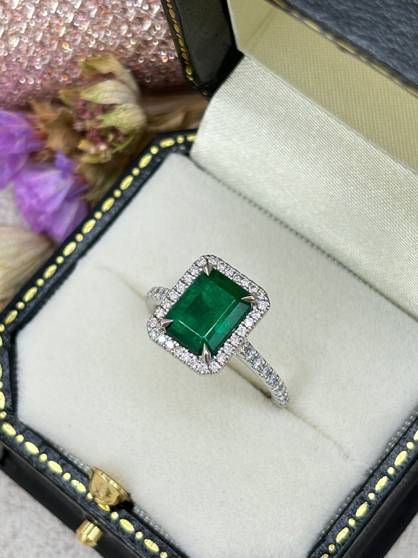 Platinum Emerald and Diamond Vintage Style Cluster Ring